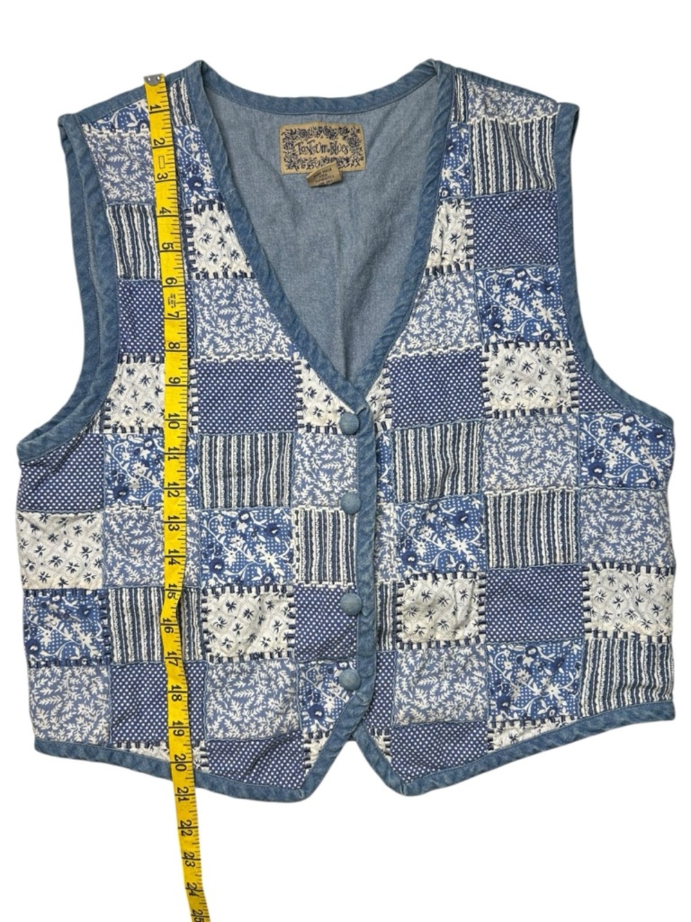 Vintage Tonal Blues Patchwork Denim Vest Quilted Western Boho Sz L - Picture 8 of 8